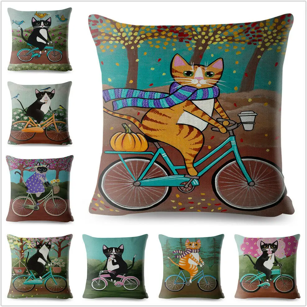 

Ryan Conners Cute Ride Bike Cat Print Pillow Cover Linen Throw Cushion Covers