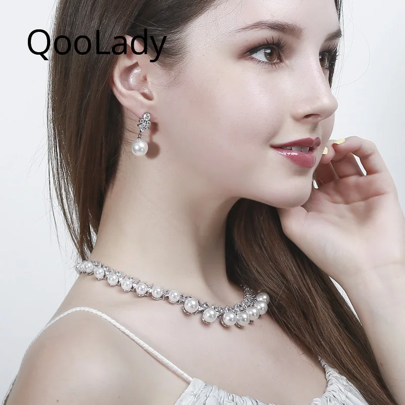 

QooLady Luxury Cubic Zirconia Big White Simulated Pearl Women Wedding Bridal Choker Necklace Engagement Costume Jewelry Set S063