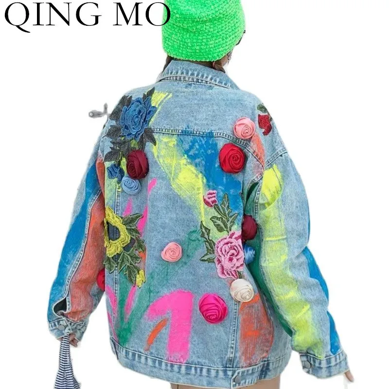 

QING MO Streetwear Floral Appliques Denim Coat Women 2021 Autumn Tie Dye Print Female Jacket Fashion Hand-painted Coat QYF346A