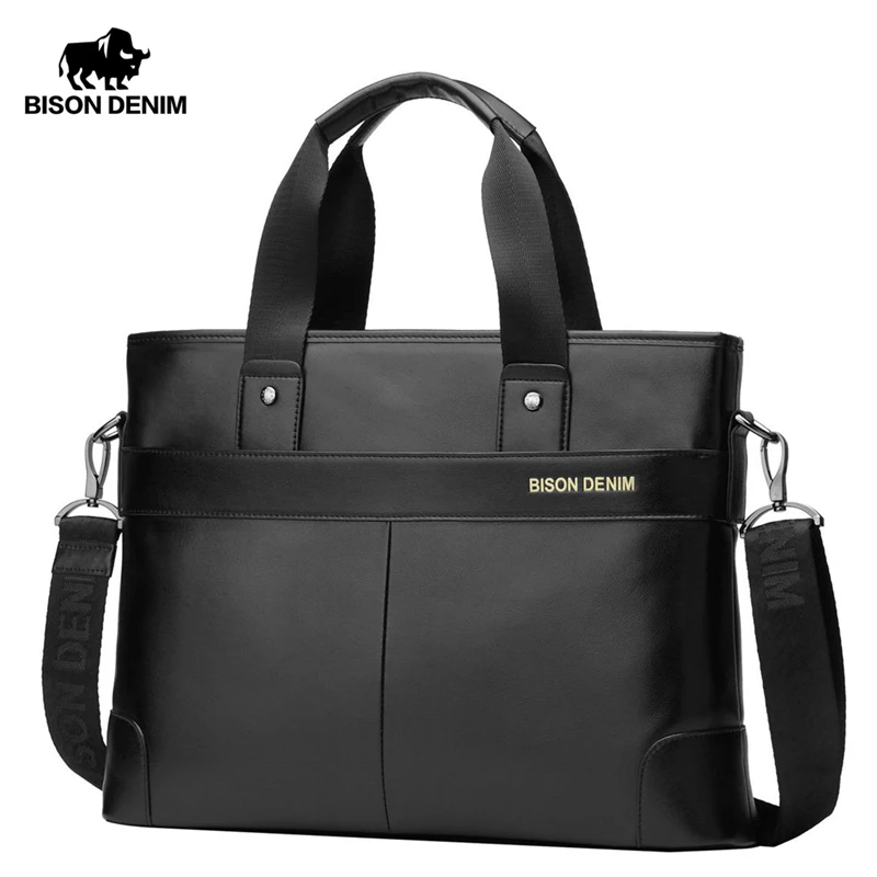 Bison Denim Genuine Leather Briefcase Business Travel Bag Male 14 inch Laptop Handbag Casual Shoulder Crossbody Bag Messenger