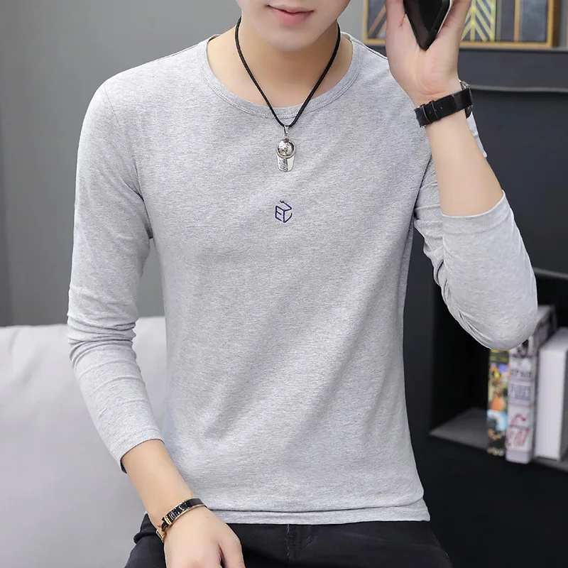 

T Shirt Men 2019 Autumn New Men's Long-sleeved T-shirt Youth Fashion Casual Solid Color Round Print T-shirt Men Tshirt T Shirts