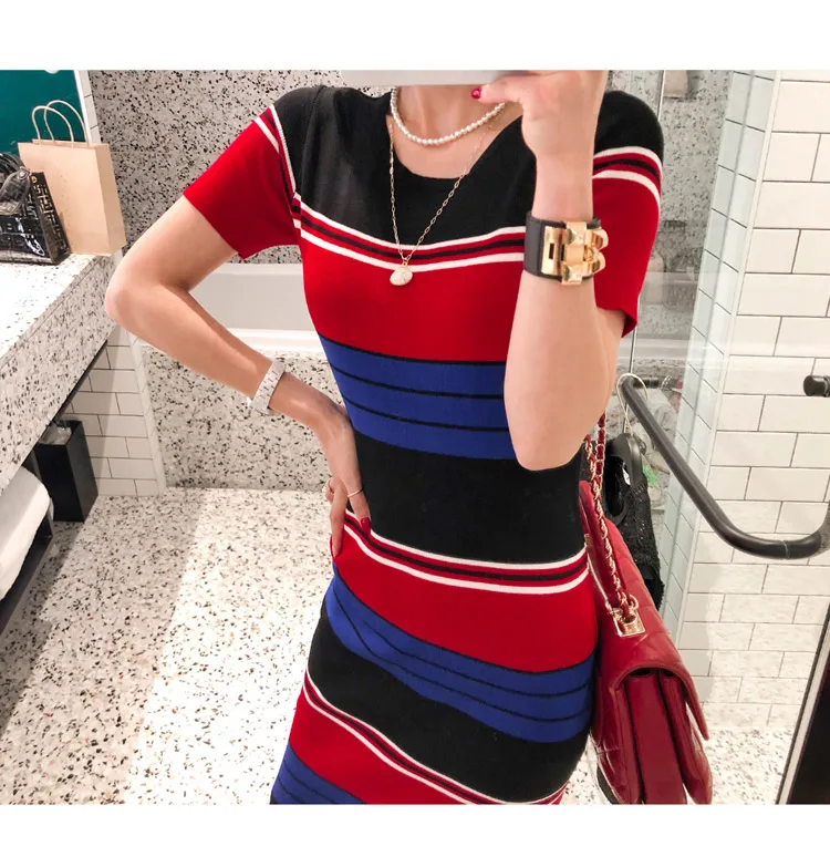 

New Style Summer Office Lady Dress Women O Neck Short Sleeve Slim Fashion Knitted Dresses For Women Korea Woman Dress SL148