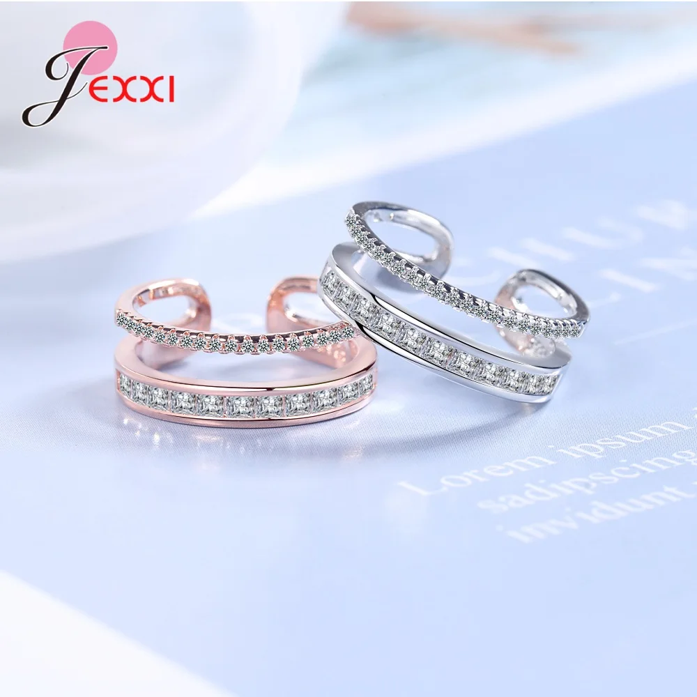 

100% 925 Sterling Silver Adjustable Ring Romantic Shiny Crystal Finger Rings for Women Girls Fashion Wedding Gift For Mother
