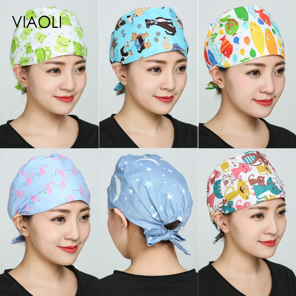 

wholesale Breathable cartoon Anima printing Bandage Scrubs hats Beautician cute working hats laboratory men and women Scrubs cap