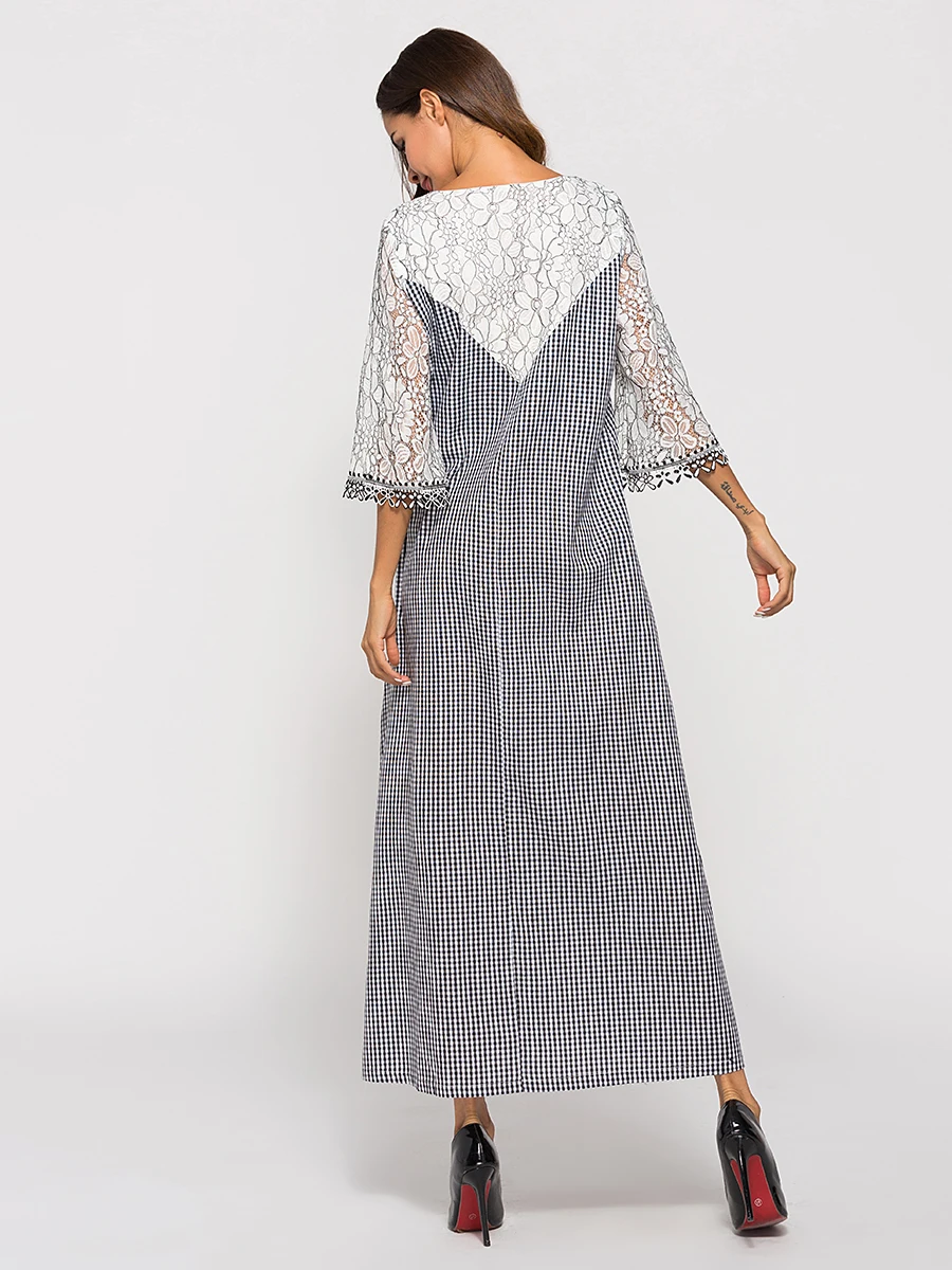 

plaid printed lace patchwork design Elegant maxi Dress for Women lace sleeve ramadan gown EID arabic abaya kaftan robe VKDR1955