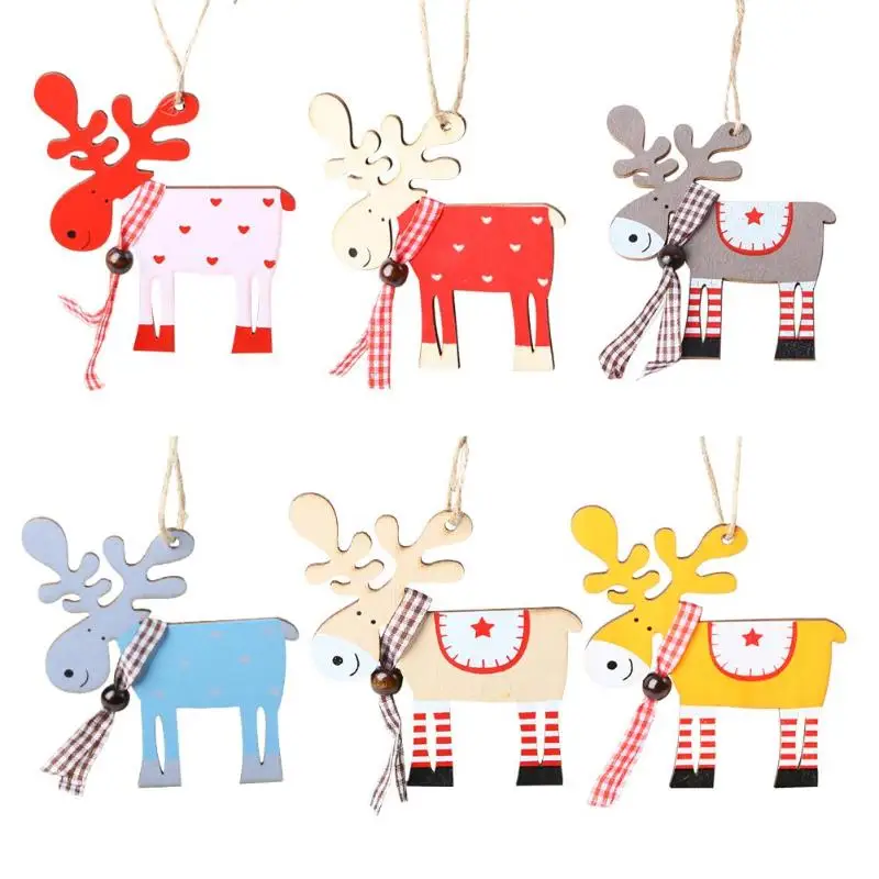 Christmas Ornaments Tree Decor Wood Painted Elk Pendant Xmas Party Deer Pendants Decoration for Home | Дом и сад