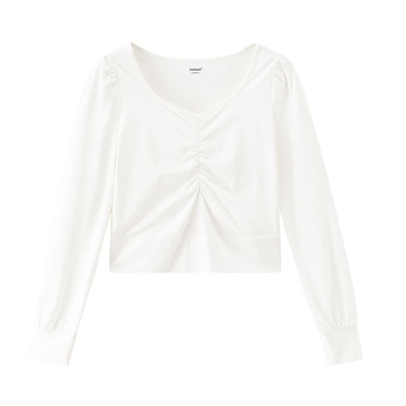

INMAN Liwo|2021 Spring New Arrival Women's Retro Art Slim Fit Short Pleated V-Neck Long Sleeve T-Shirt Shoulder Tuck
