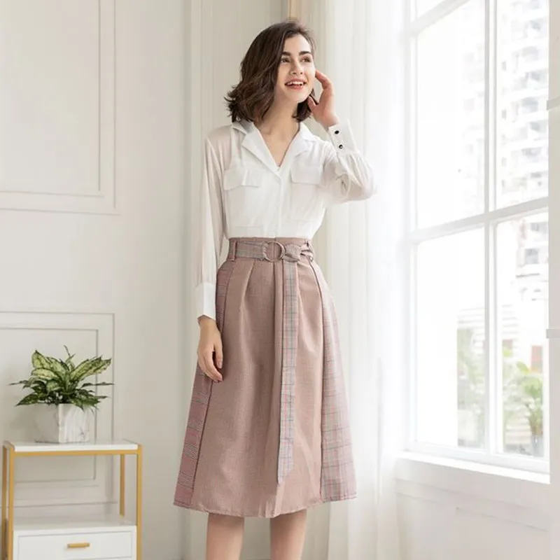 Женский комплект из 2 предметов шифоновая блузка и винтажная клетчатая миди-юбка