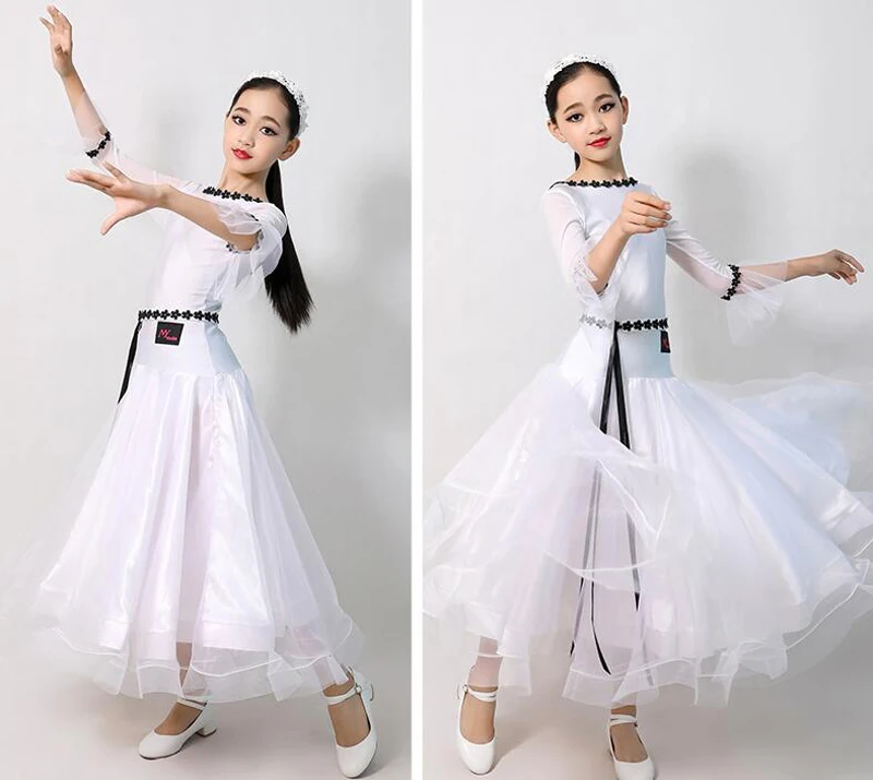 

Girls Ballroom Competition Dance Dresses 2021 New White Classical Waltz Dancing Skirt Children Ballroom Group Dance Dress