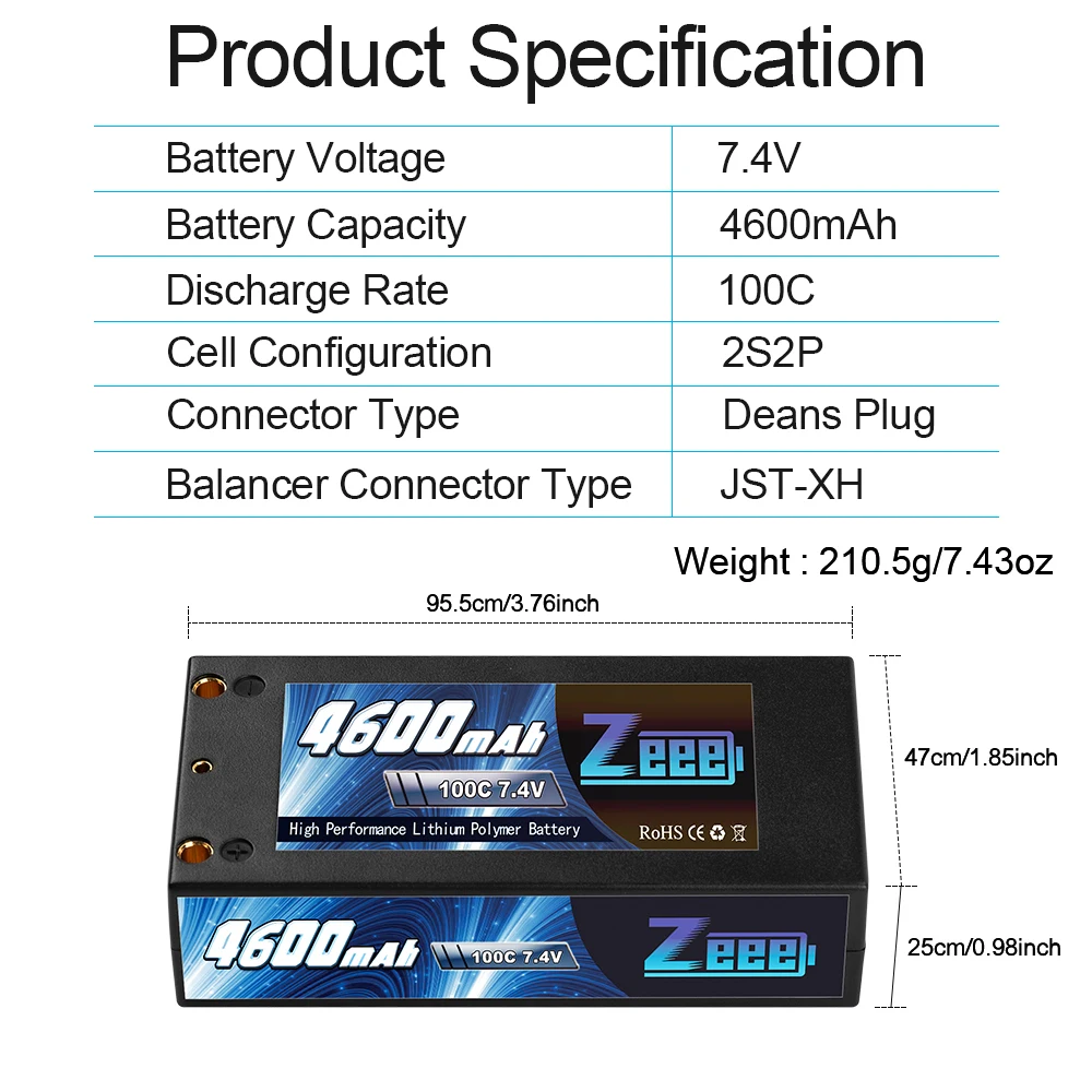 zeee 2s short lipo 74 v 4600mah 100c аккумулятор rc lipo батаре