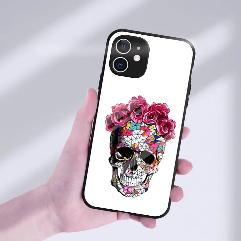 

Rose Flower Skull Covers Cases Mobile Phone Case For iPhone 11 Pro Max XR X XS SE 2020 TPU Tempered Glass Cover Shell 6 7 8 Plus