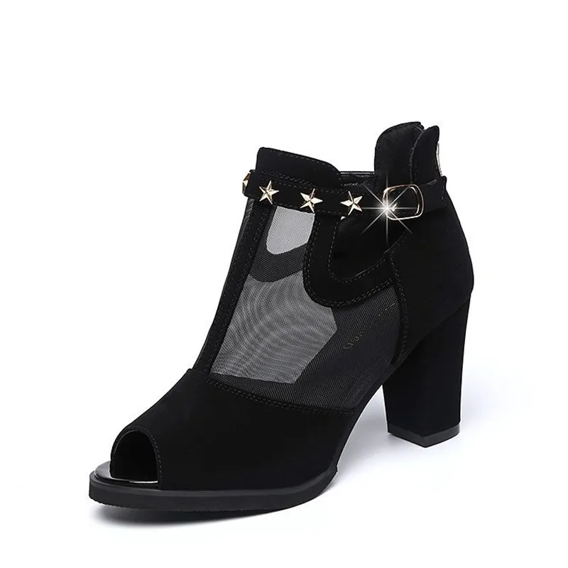 Босоножки женские на высоком квадратном каблуке дышащая сетчатая обувь модные