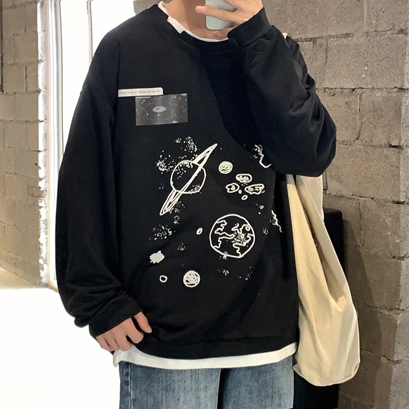 

Свитшот Harajuku с аниме, Осенний свитшот с круглым вырезом, с имитацией двух частей, мужская одежда с надписью «Make Money Not Friends»