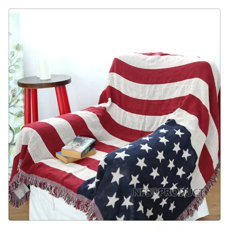 Вязаное одеяло для дивана с кисточками 130x180 см хлопковое Флаг США Великобритания