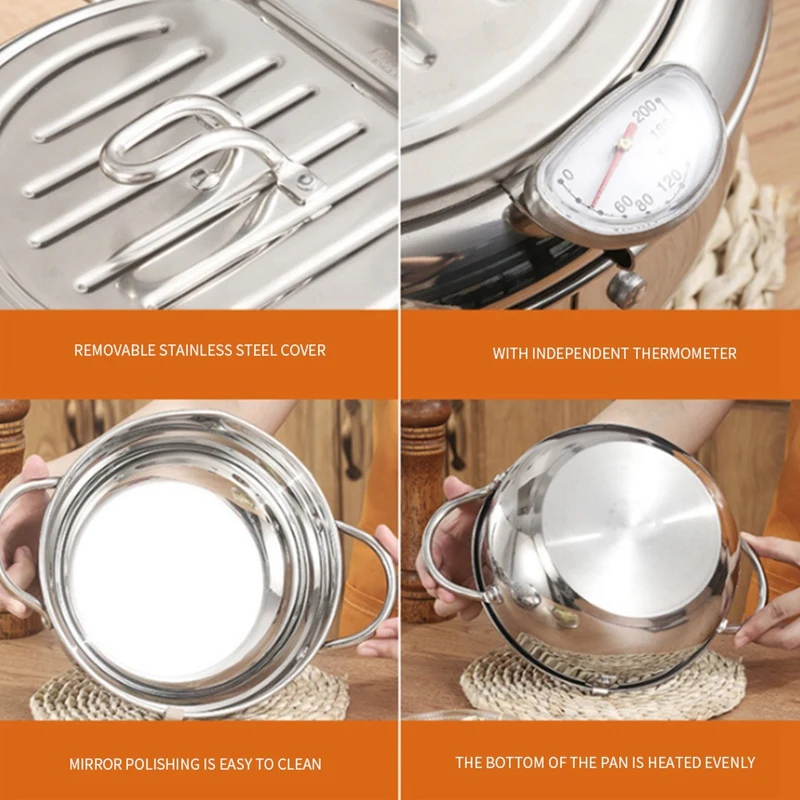

Japanese Deep Frying Pot with A Thermometer and A Lid 201 Stainless Steel Kitchen Tempura Fryer Pan 24 cm