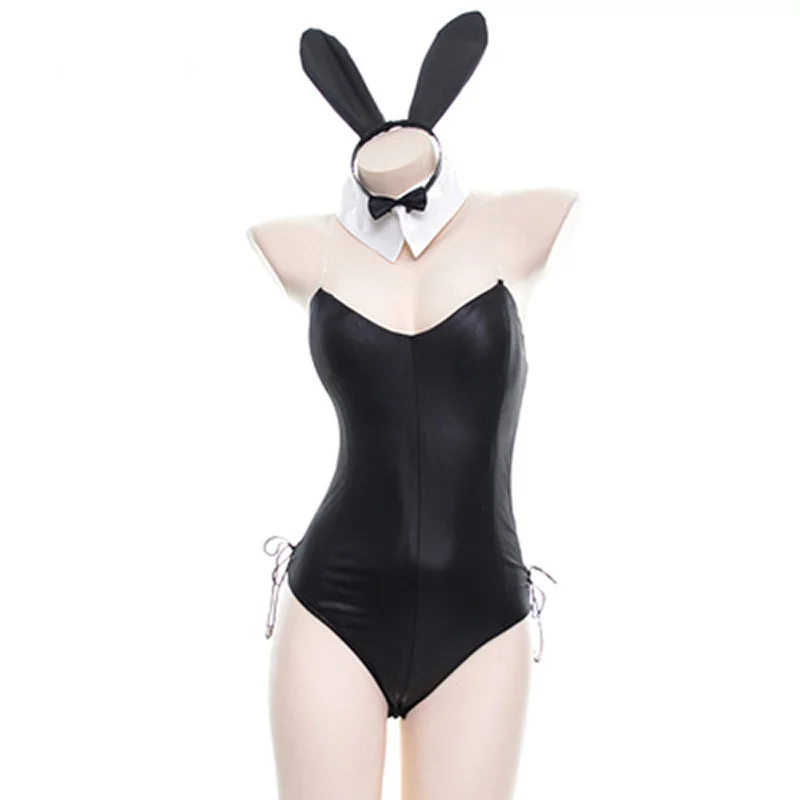

Sexy Lingerie Little Devil Cosplay Bunny Girl Costumes Pu Leather with Headwear Erotic Bodysuit Cute Rabbit Uniform Photo Dress