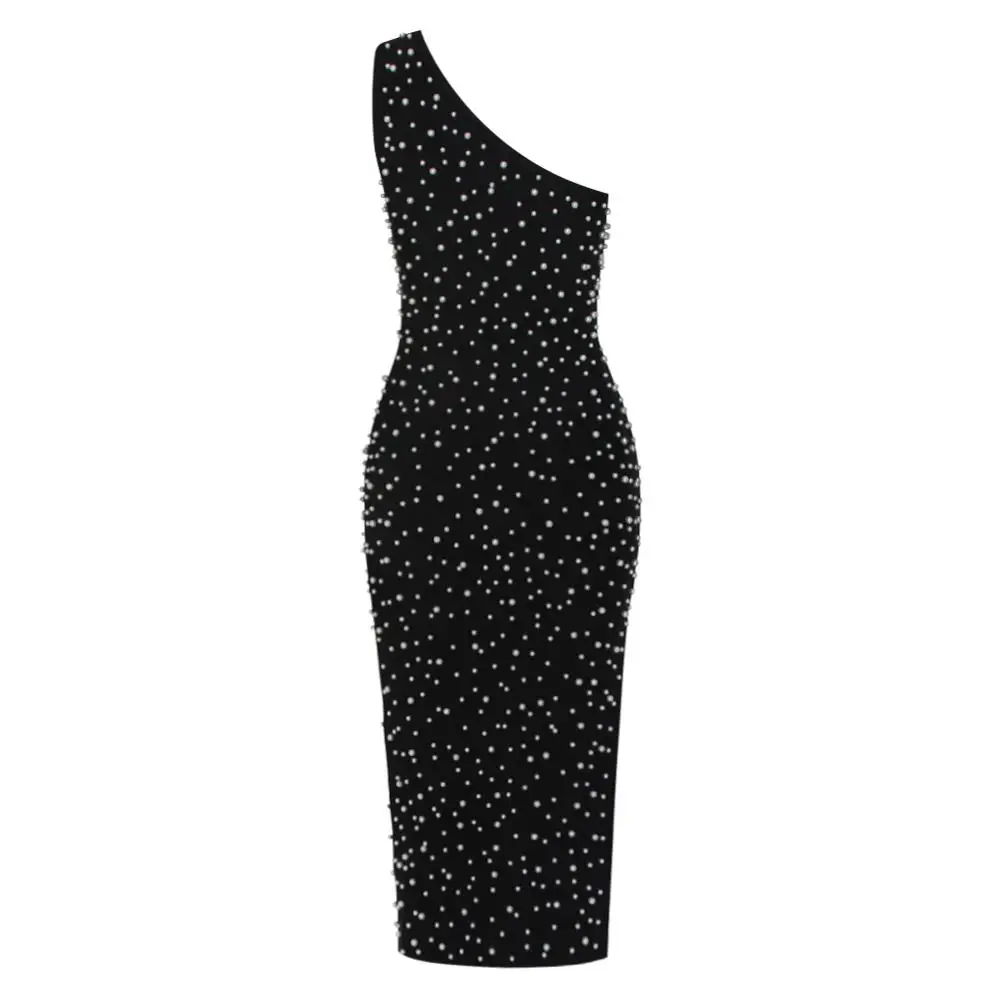 

Women Sexy One Shoulder Sleeveless Knee Length Pearl Black Bodycon Summer Dress 2020 Fashion Female Bandage Dress Party Vestidos
