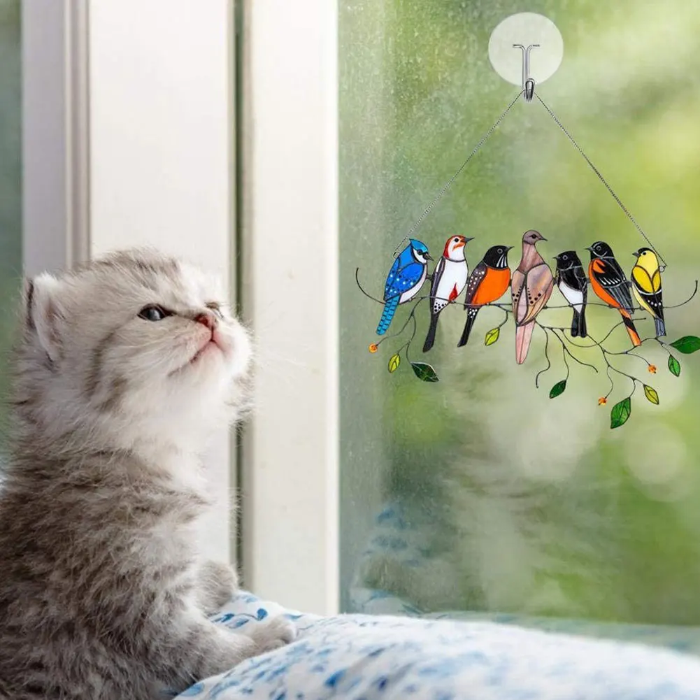 

3D Stained Glass Parrot Birds On A Wire Hanging Window/Wall Panel Glass Wall Home Hanging Decorations With Chain Suncatcher