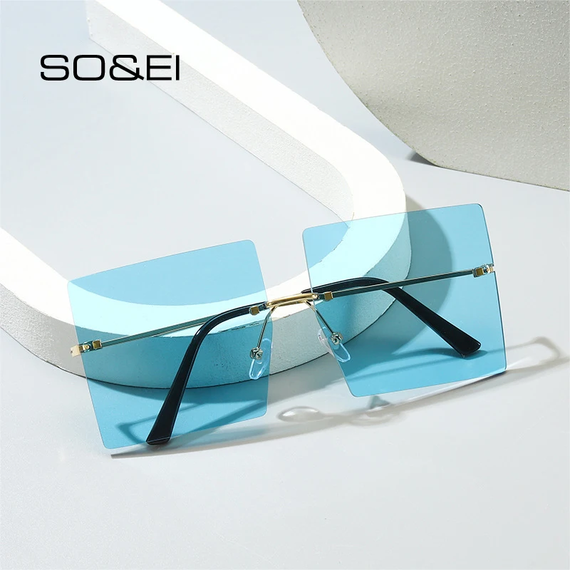 

SO&EI Oversized Square Woman Sunglasses Vintage Rimless Clear Ocean Lens Eyewear Female Retro Sun Glasses Shades Oculos De Sol
