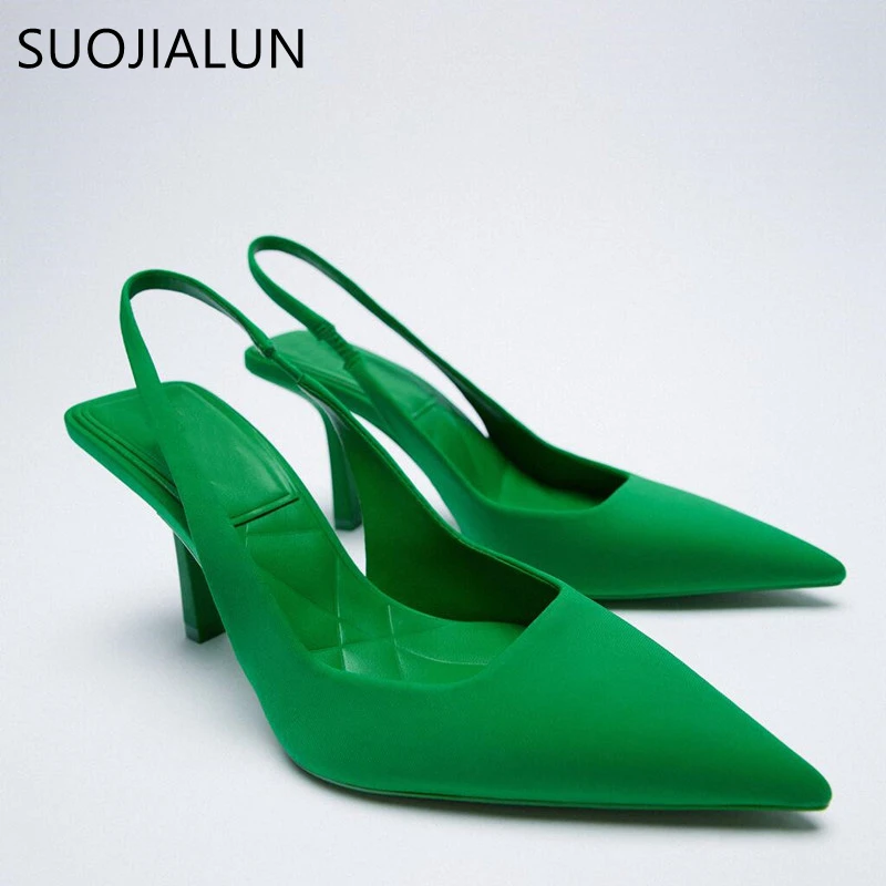 

SUOJIALUN Autumn Women Slingback Sandals Thin High Heel Pumps Shoes Ladies Elegant Shallow Pointed Toe Mules Slip On Party Shoes