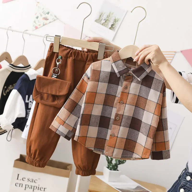 Conjuntos de ropa de algod&oacute;n para ni&ntilde;os peque&ntilde;os, camisa de solapa a cuadros + Pantalones, conjunto de ropa para primavera y oto&ntilde;o, 2 piezas-1