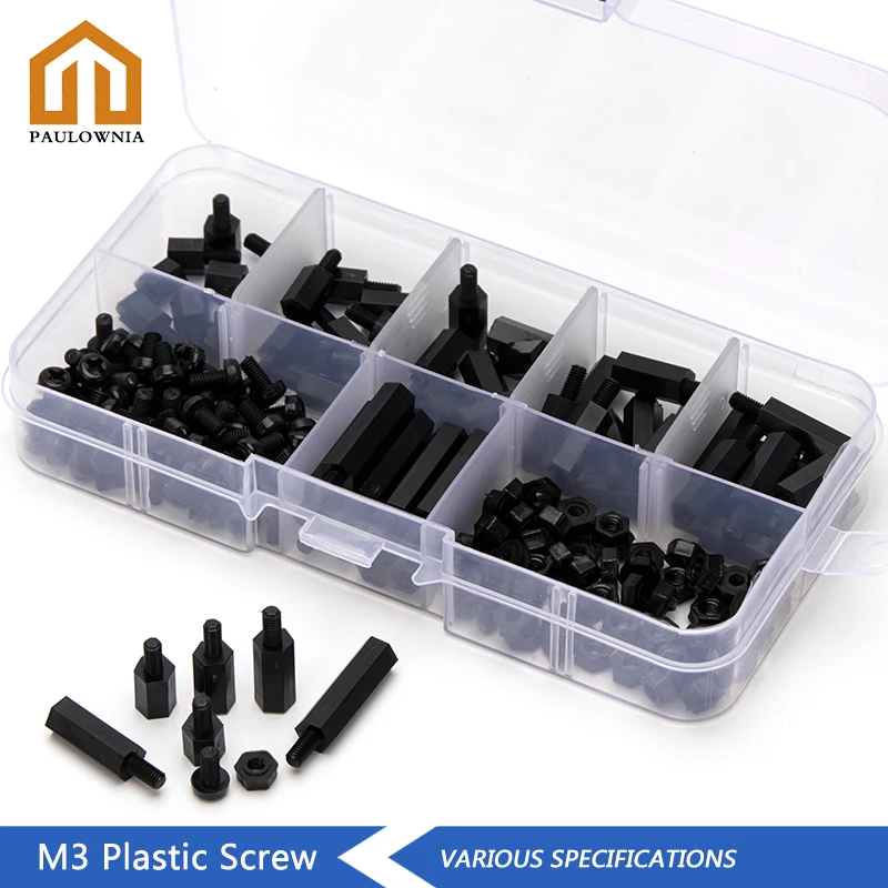 

M3 Hex Male Female Nylon Spacer Standoff Screw Black Spacing Plastic Screw Nut Assortment Kit 180pcs/set
