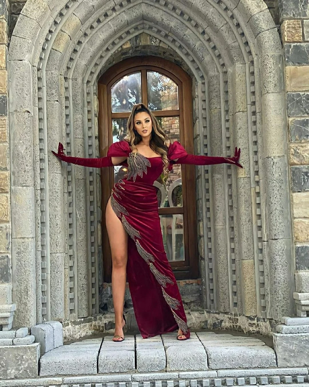 Elegant Velvet Evening Dresses Long Sleeves Off The Shoulder High Split Applique Women Formal Party Prom Gowns Plus Size Custom | Свадьбы и