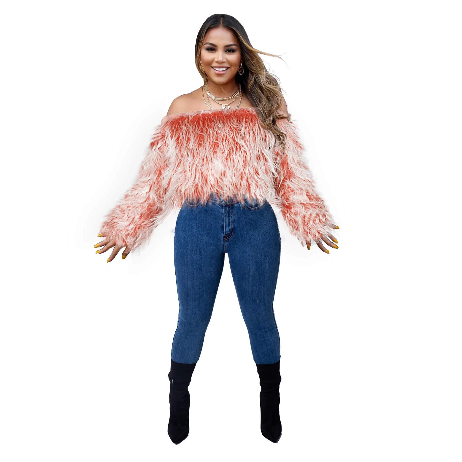 Сезон осень-зима Свитер с воротником-лодочкой из шерсти и меха Модные свитера