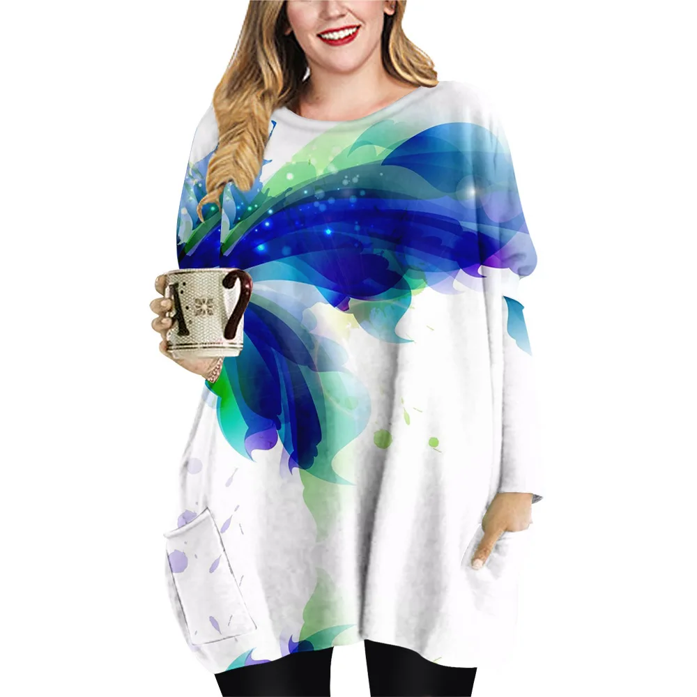 

Женское свободное мини-платье с круглым вырезом, длинным рукавом и принтом