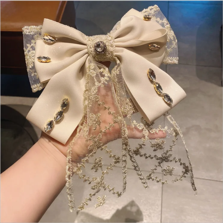 

Women hairpins double layer embroidery lace bow spring clip female hair accessories