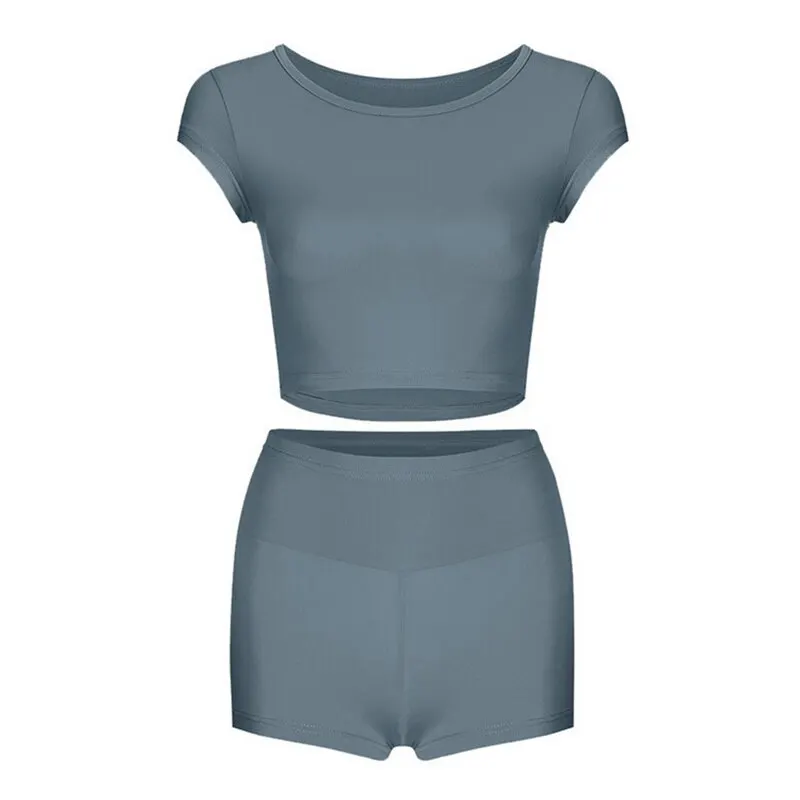 

WENYUJH 2pcs Tracksuits Women's Set Sports Suit Female Seamless Shorts+Crop Top Sportswear 3 Colors Homewear Leisure Suit Summer