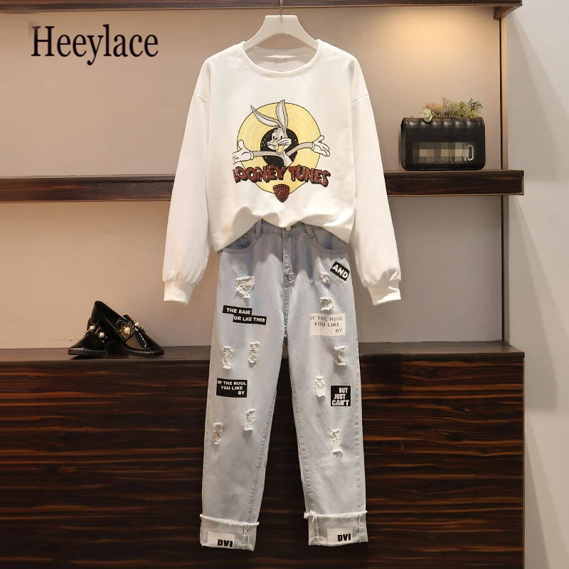 Женский комплект из 2 предметов размера плюс осень зима толстовка с рисунком и