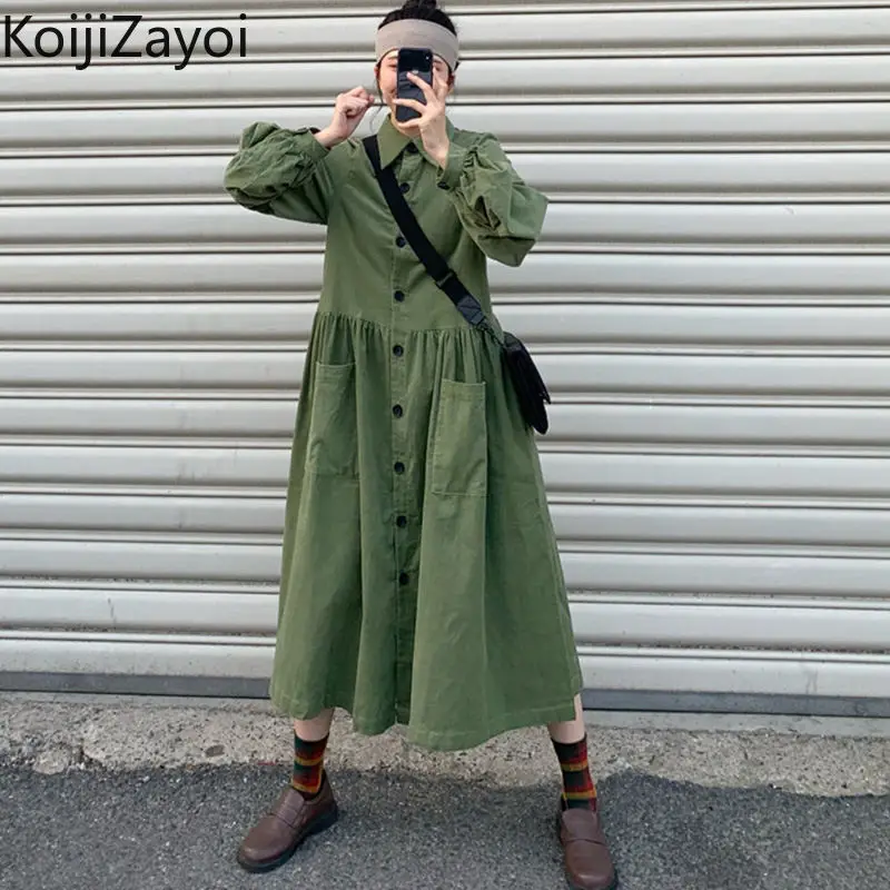 

Koijizayoi Casual Loose Women Long Shirt Dress Ladies A Line Solid Japan Style Single Breasted Dresses Fashion Maxi Vestidos