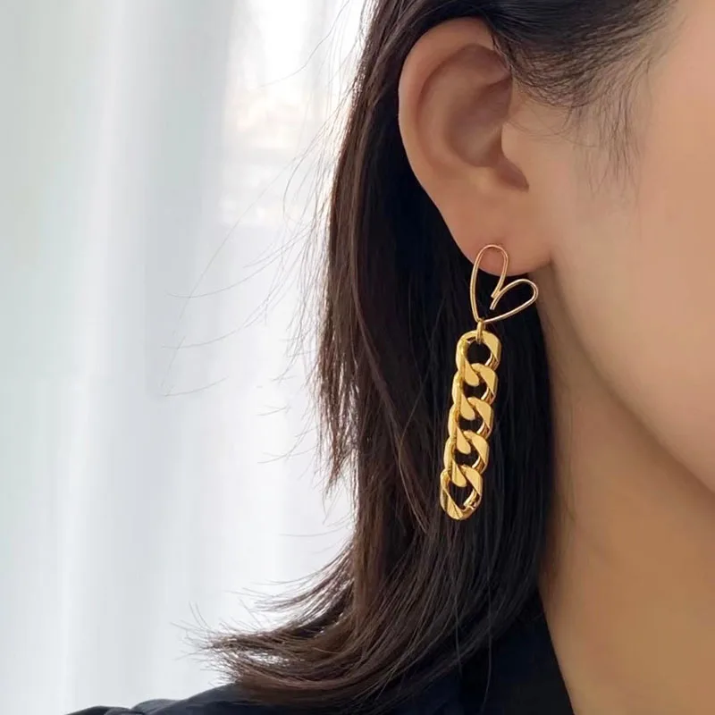 

GSOLD 2021 New Fashion Geometric Heart-Shaped Metal Chain Long Drop Earrings Women Simple Temperament Daily Jewelry Gifts