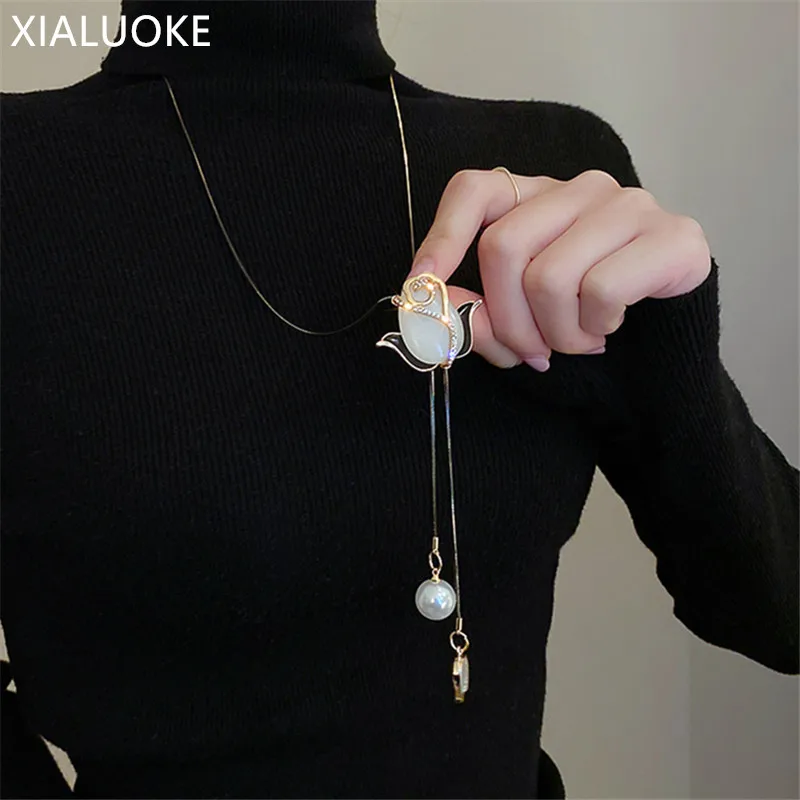 

XIALUOKE модное изысканное хрустальное ожерелье с цветами тюльпана, Женская цепочка для свитера, Длинные Цветы, жемчужные ожерелья ювелирные и...