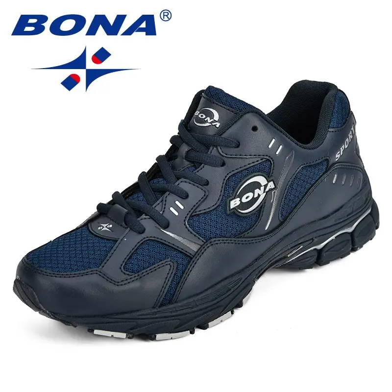 DEEP BLUE SLIVERGREY BONA Brand Sneakers Mesh Breathable Men Running Shoes Classical Fashion Outdoor Sport Shoes Male Low Tops Jogging Shoes - Цвет: DEEP BLUE SLIVERGREY