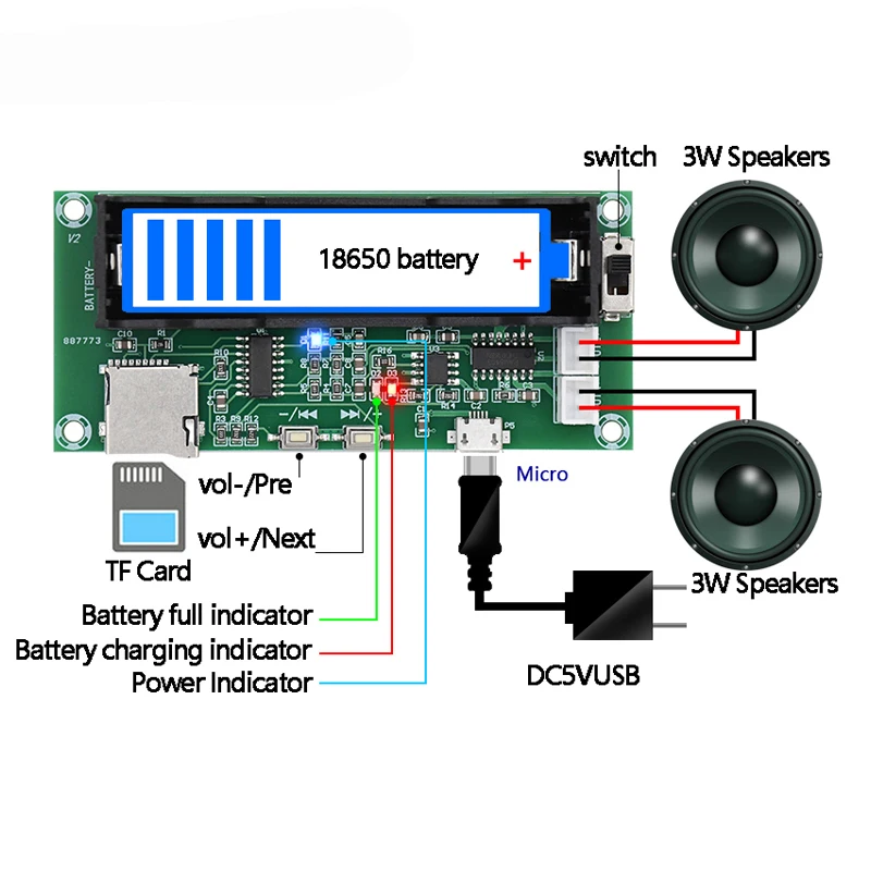 

PAM8403 Digital Amplifier Board Lithium Battery Holder Can Charged Dual Channel 2*3W Stereo Class D Amplifier DIY TF Card Player