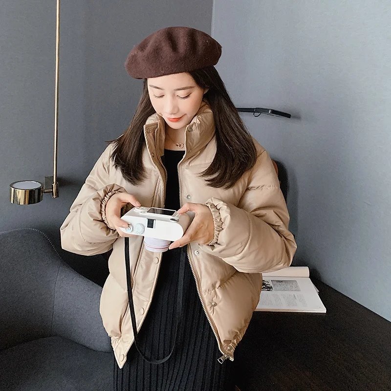 Thick Parkas Women Streetwear Stand-up Collar Loose Black Bubble Coat Female Korean  PU Leather Puffer Jacket Warm Winter New