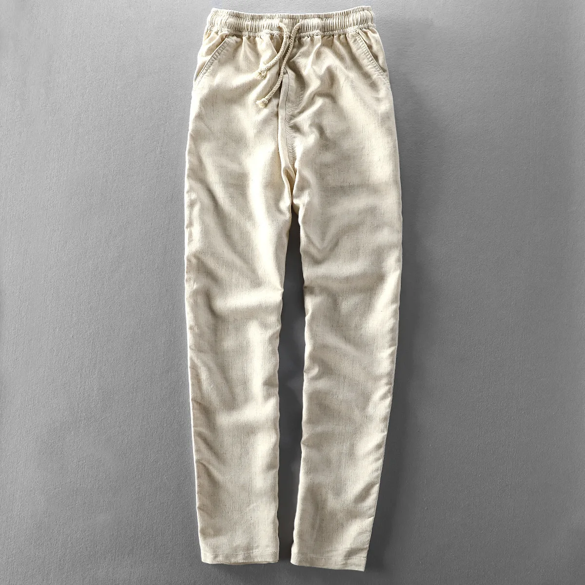 

Spring Autumn New Casual Linen Pants Men Solid Color Drawsting Loose Thin Breathable Long Pants Straight Trousers Blue Khaki