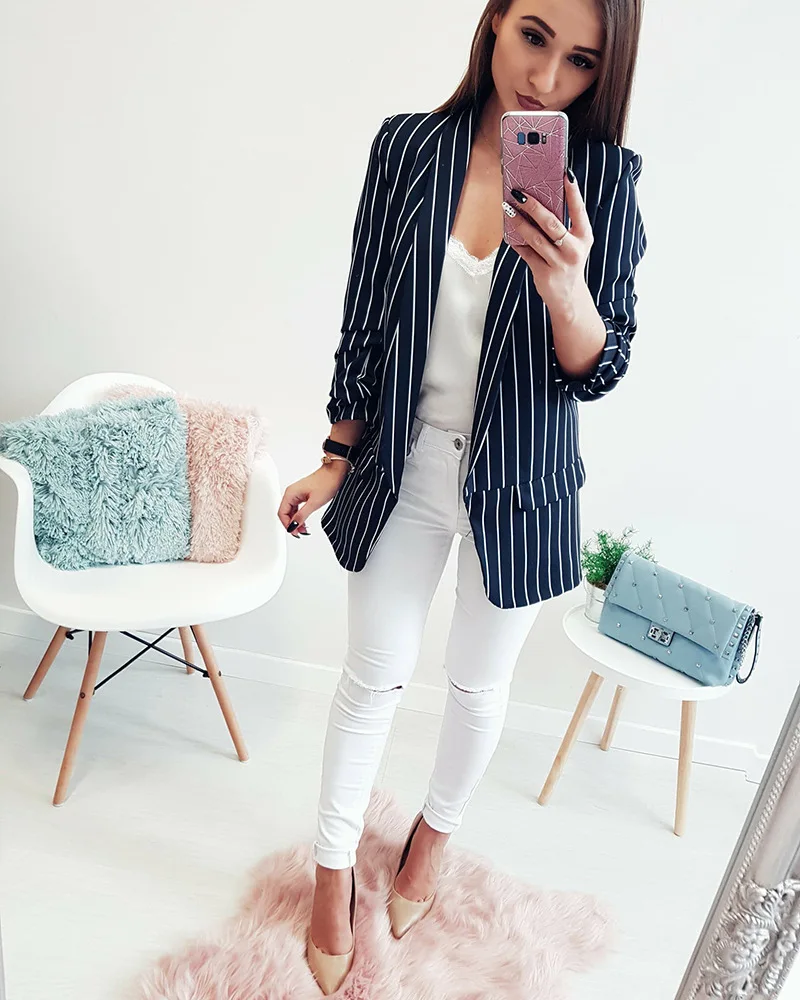 

2021 new fashion women's spring small suit jacket long-sleeved striped women's office ladies pocket suit jacket