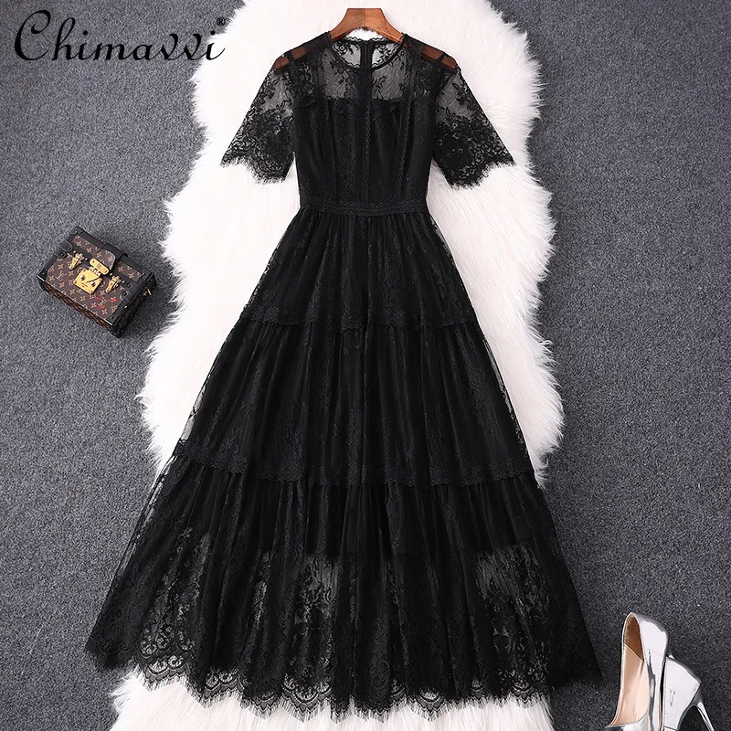 

High-End Black Dress for Women 2021 Summer Fashion Lace Hollow Dress High Waist Slimming Temperament Short Sleeve A- Line Dress