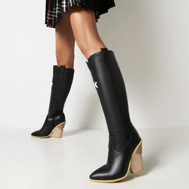 

Женские осенние сапоги до колена, модные Прошитые сапоги из искусственной кожи на танкетке, высокие сапоги на высоком каблуке, зимняя женск...