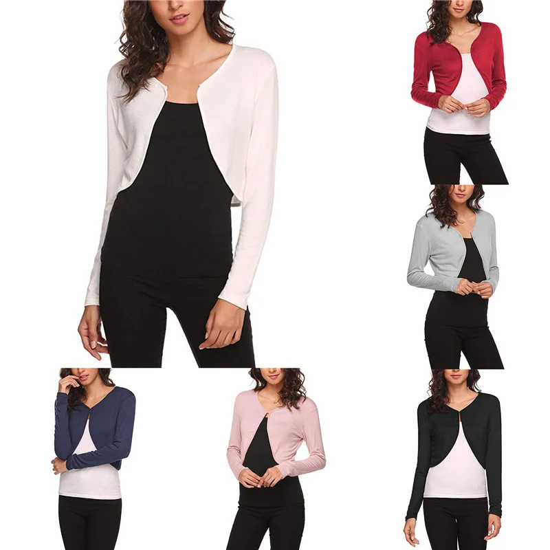 

Women Short Outerwear, Adults Solid Color Long Sleeve Round Neck Cardigan (White, Navy Blue, Pink), S/M/L/XL/2XL