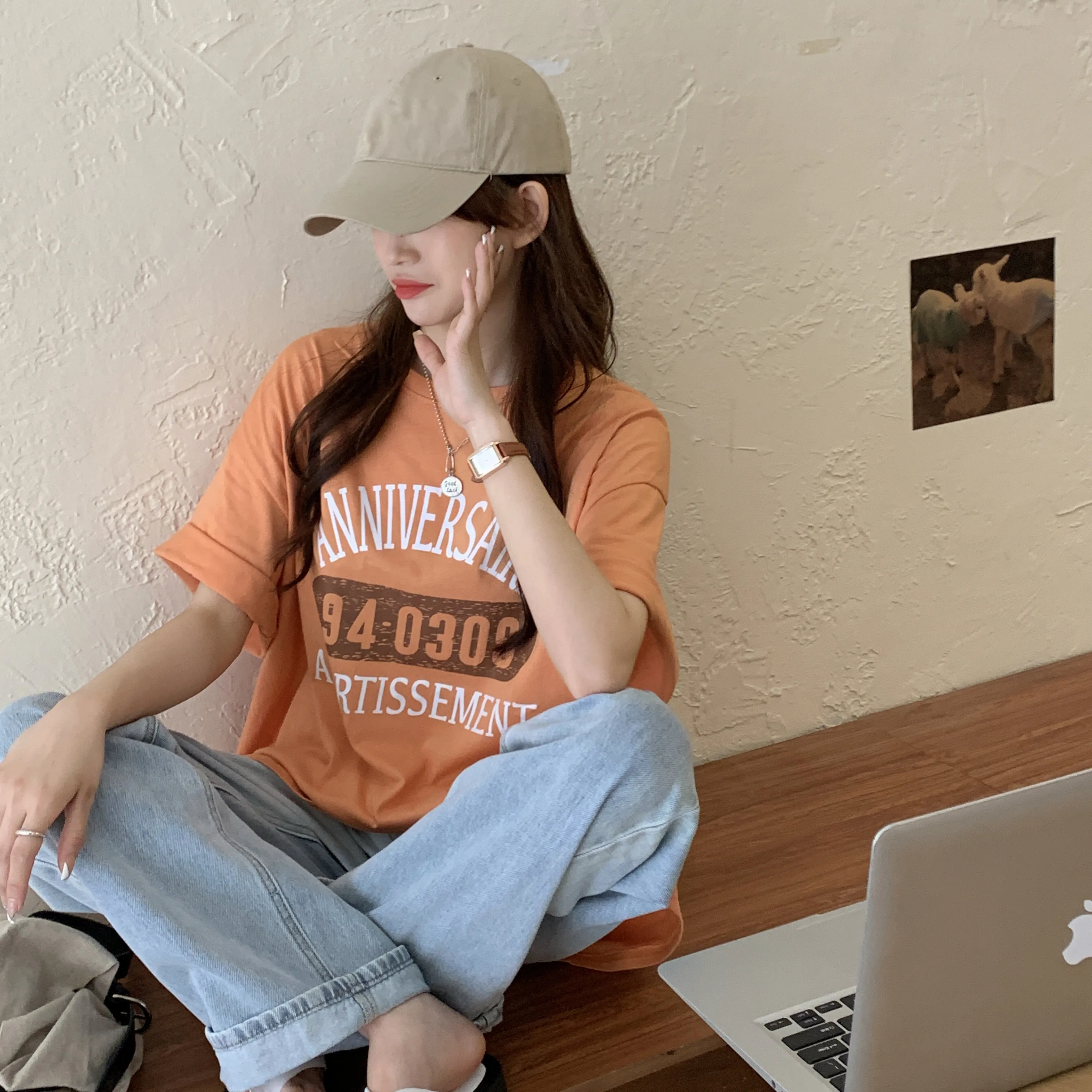 

New summer college style letter printing mid-length short-sleeved round neck loose t-shirt women
