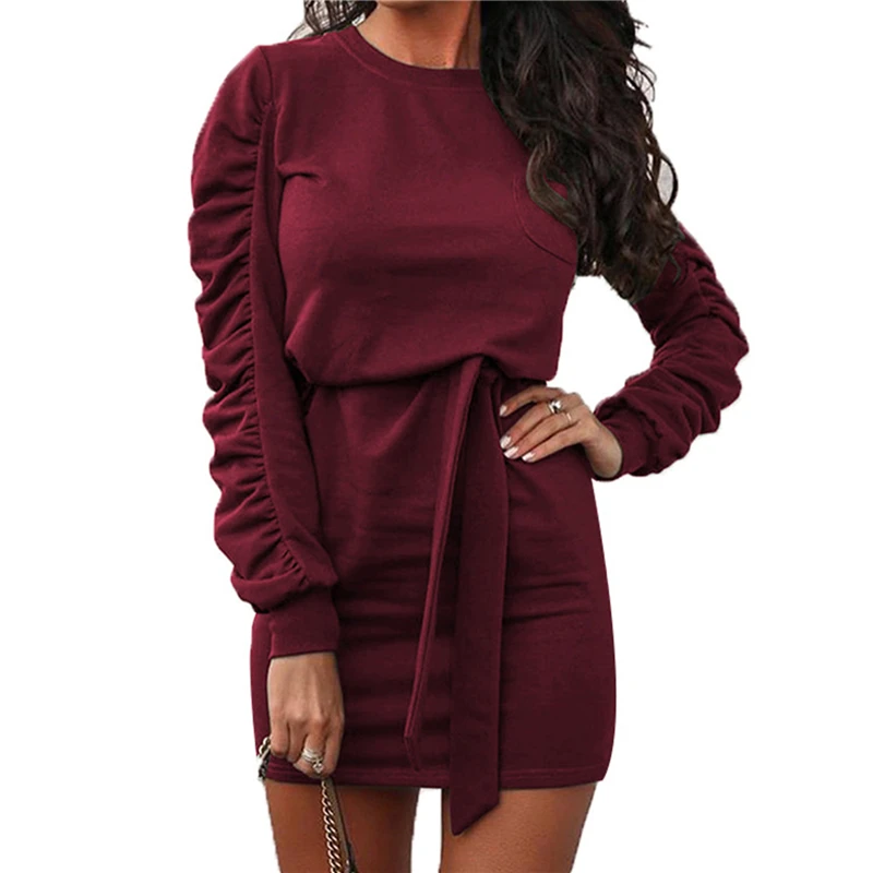 

Autumn Long Sleeve Casual Pleated Dress 2021 Winter Solid Women O-Neck Sashes Dress Female Bandage Mini Dress For Female