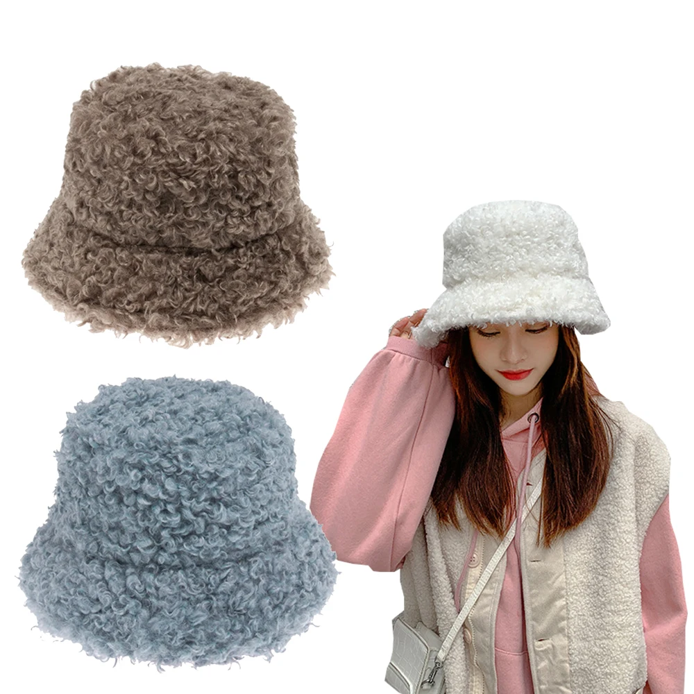 

2021 Winter Outdoor Vacation Lady Panama Lamb Curl Thickened Soft Warm Fishing Cap Faux Fur Rabbit Bucket Hat Women Hairy Cap