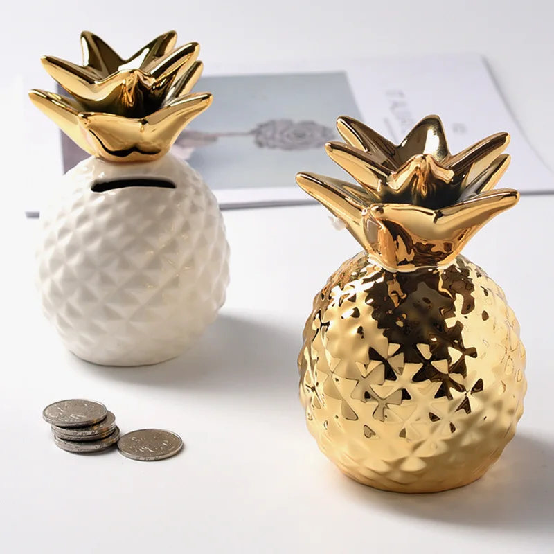 

European-style Ceramic Gold-plated Pineapple Piggy Bank Ornaments Creative Aesthetic Room Decor Craft Home decoration Gifts