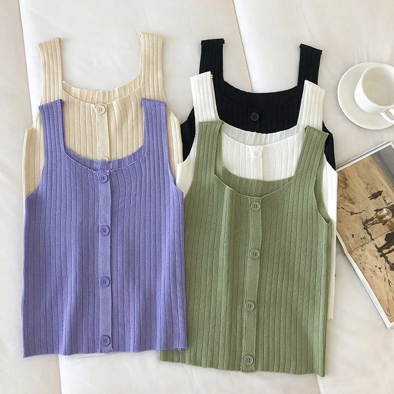 

Knitting Ribbed Cropped Button Tops Purple Camis Tube Tops Tanks Cami Sexy Streetwear Green Ropa De Mujer Black Girls Croptop