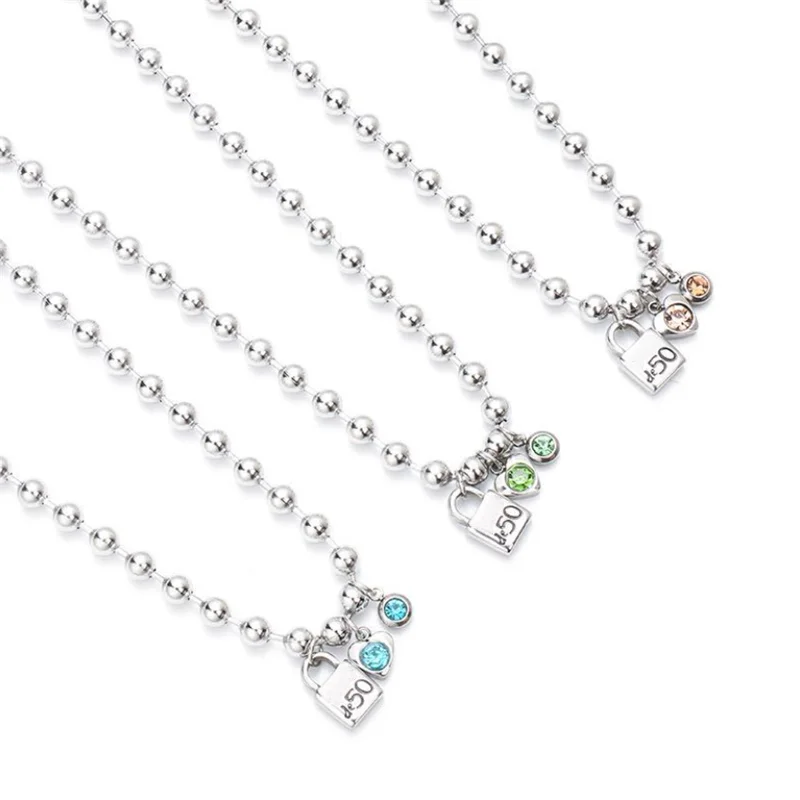 

Brand Fashion Stainless Steel Simple 6mm Bead Chain Lock Love Heart Crystal Zircon Woman Necklace Choker Pendant UNO Jewelry