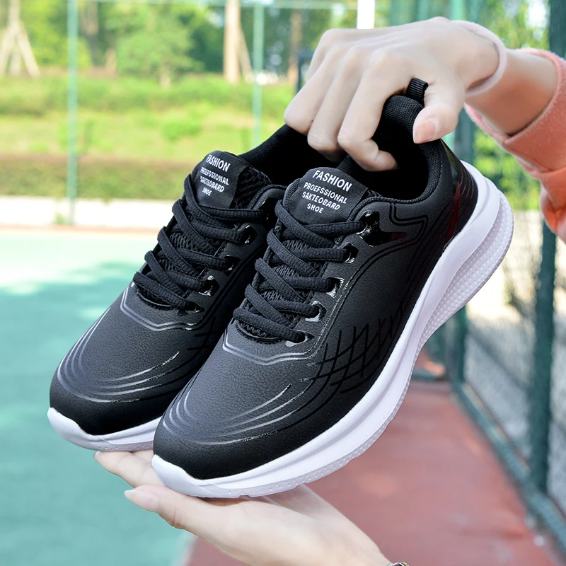 ZHENZU New Autumn Winter Leather Black Running Shoes Women Sport Chunky Sneakers Tennis Trainers Walking zapatillas de deporte